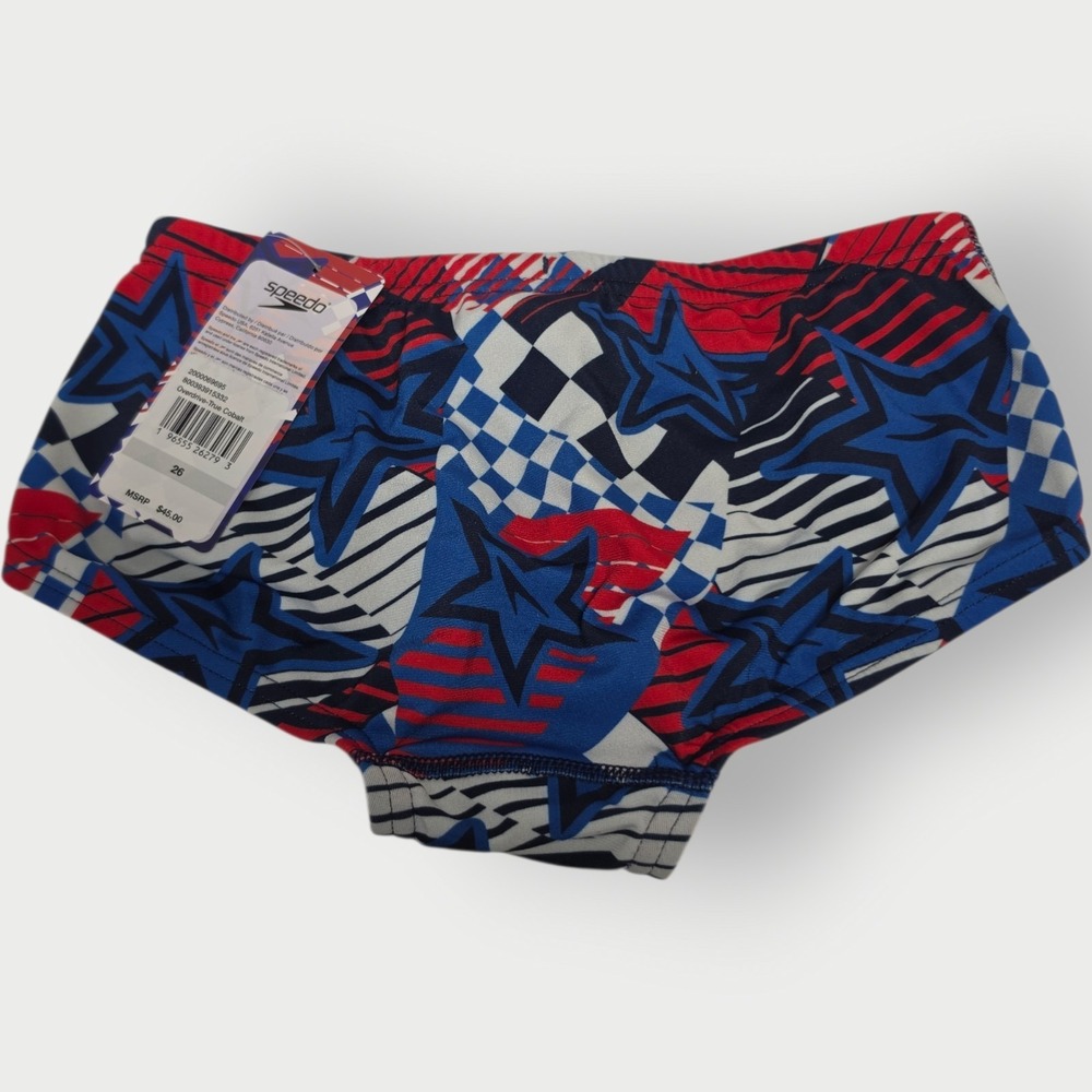 New Speedo Men's Swim Briefs Overdrive True Cobalt Star Pattern Size 26 BLUE RED - Picture 2 of 2